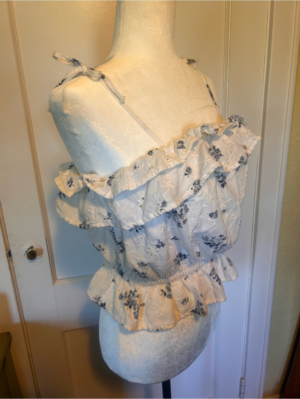 American Eagle Outfitters White Ruffle Top with Blue Floral Print